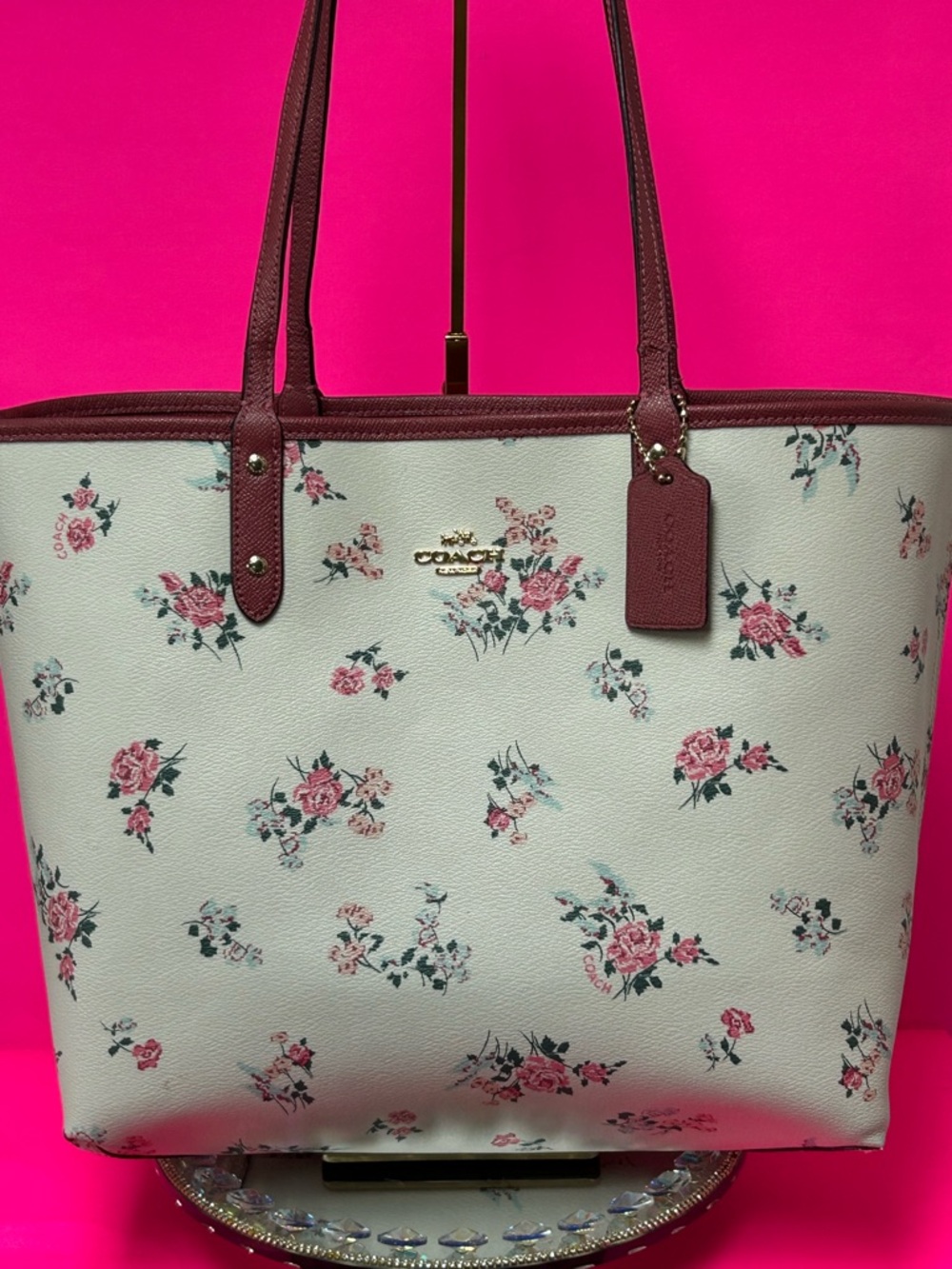 Coach Cherry Plum Reversible Floral Leather Tote Approx. 18 x 13 x 5
